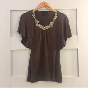 NWOT WHBM Brown Tee with Beaded Neckline